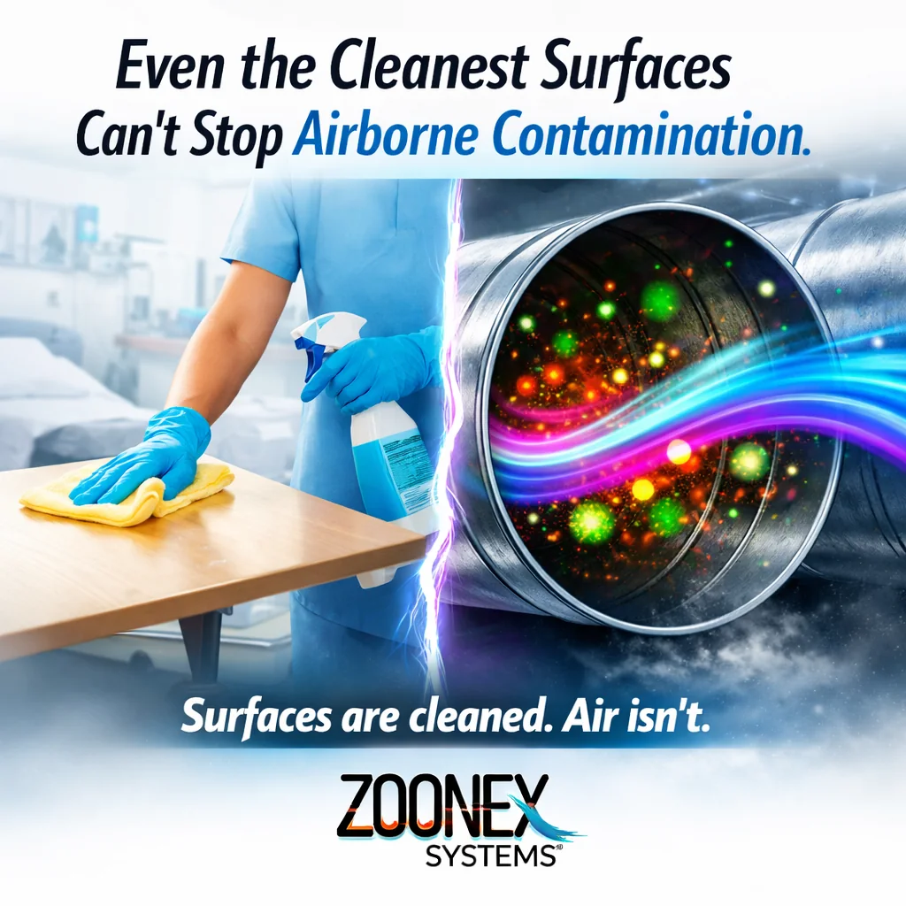 Illustration of airborne contamination around a cleaned surface