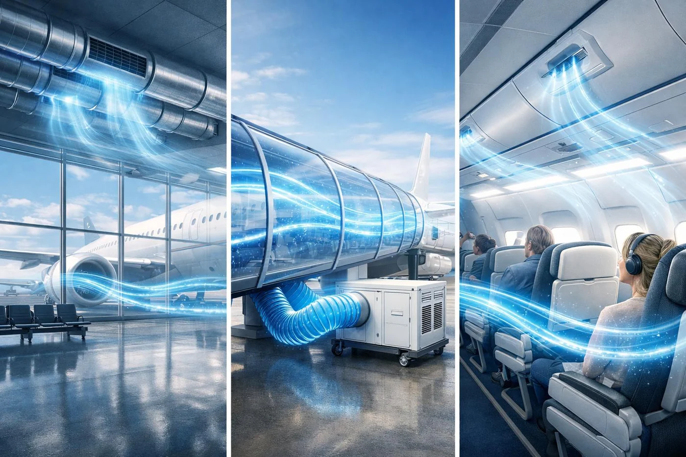 Illustration of antimicrobial airflow through terminal, airbridge and aircraft cabin pathways