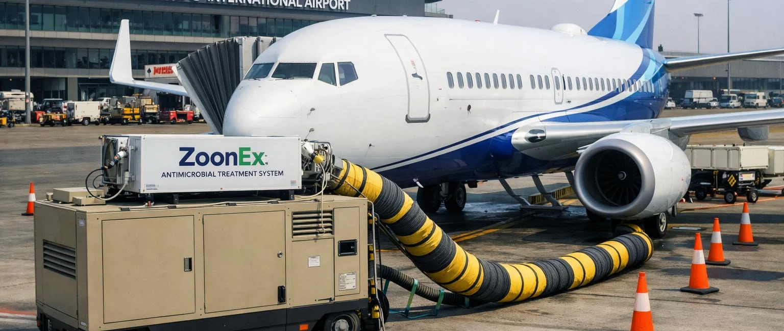 Zoonex antimicrobial treatment equipment connected to an aircraft ground-air system