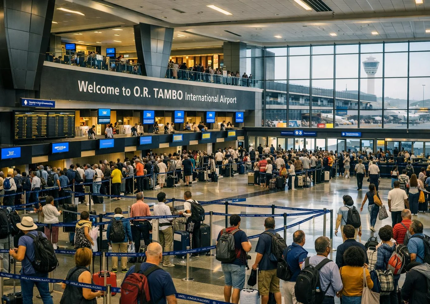 Busy airport terminal illustrating high passenger density and shared spaces